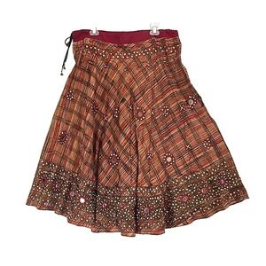Henna Vtg Boho Hippie Hand Beaded Mirror Skirt One Size Rust Brown Cotton
